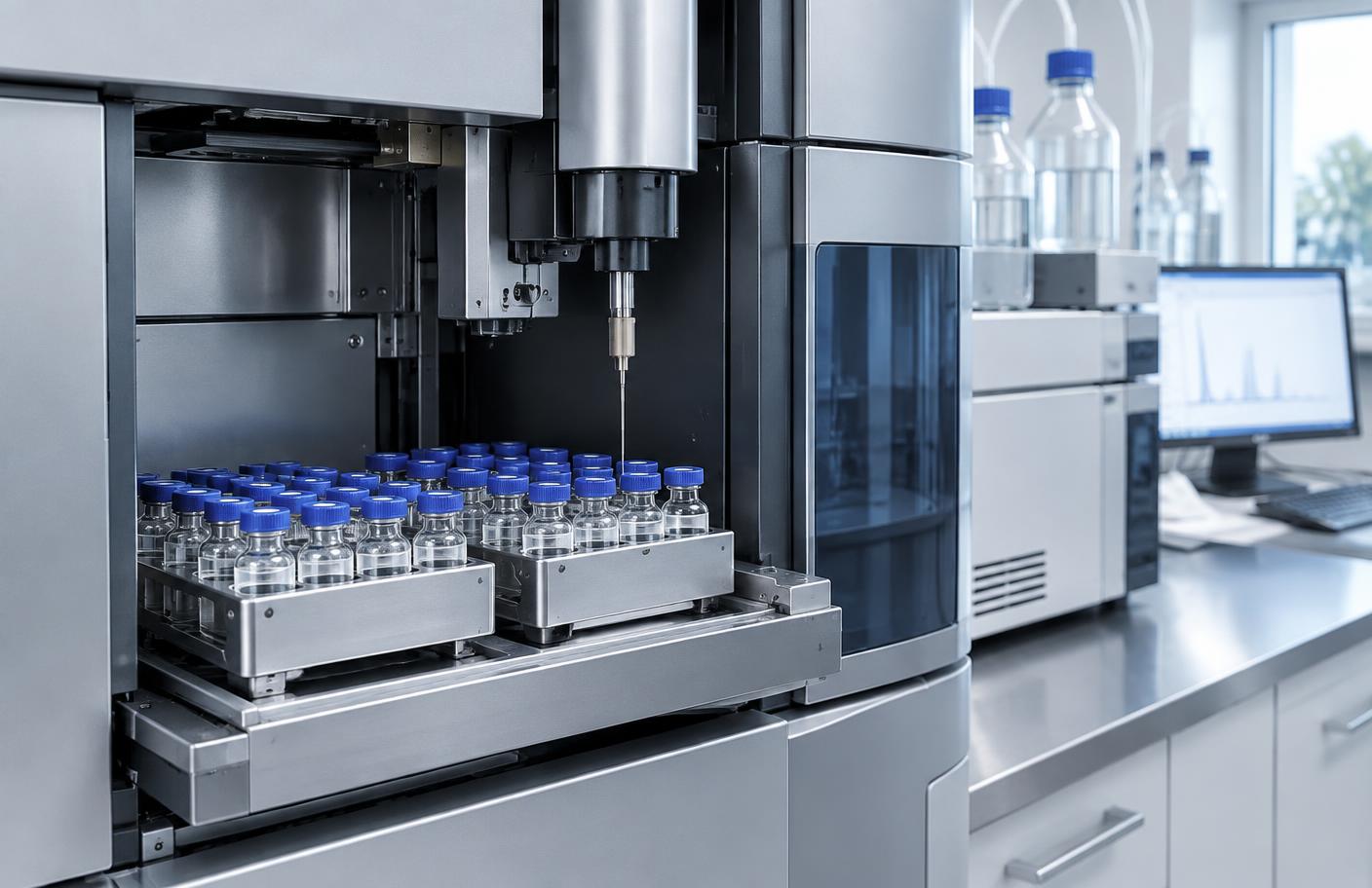 Analytical instrument with vials in a laboratory